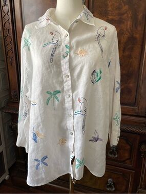 Chico’s Size 3.5 18 100% Linen Shirt Parrot Tropical Coastal Beach Button Up